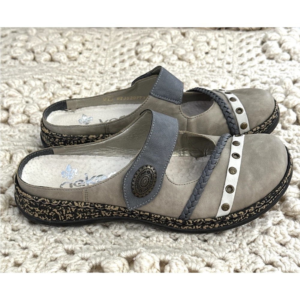 Rieker Women's Mary Jane Slides Sz 6 Two Tone Gray Brown Leather Comfort Mules - Picture 5 of 10